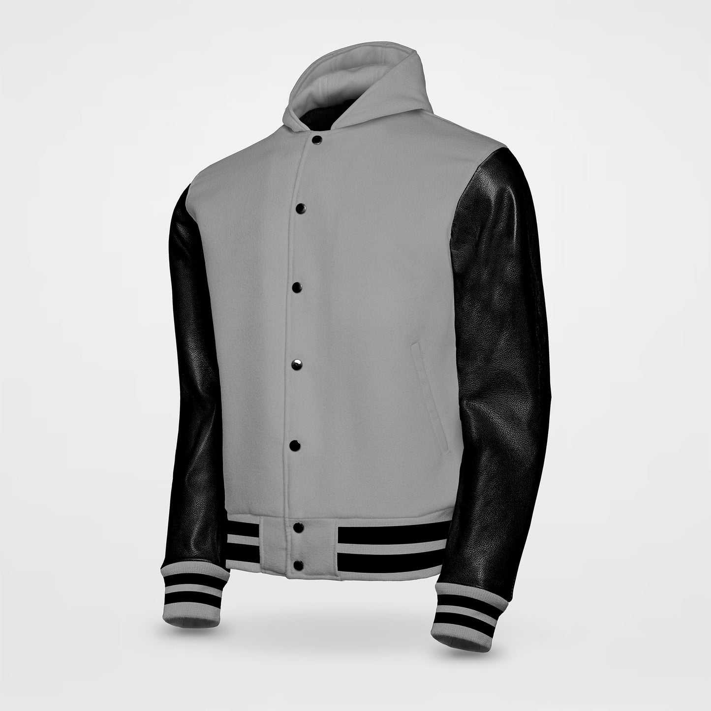 Hooded Baseball Jacket Grey Body And Leather Sleeves