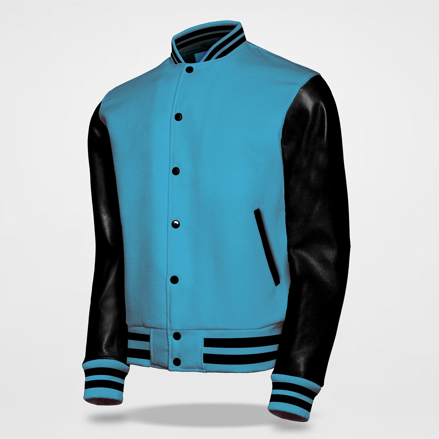 sky blue varsity jacket men's black arms side pose