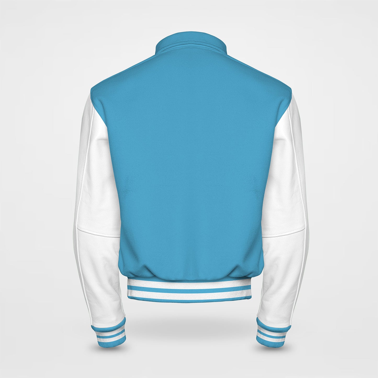 sky blue varsity jacket mens collared with white sleeves back side