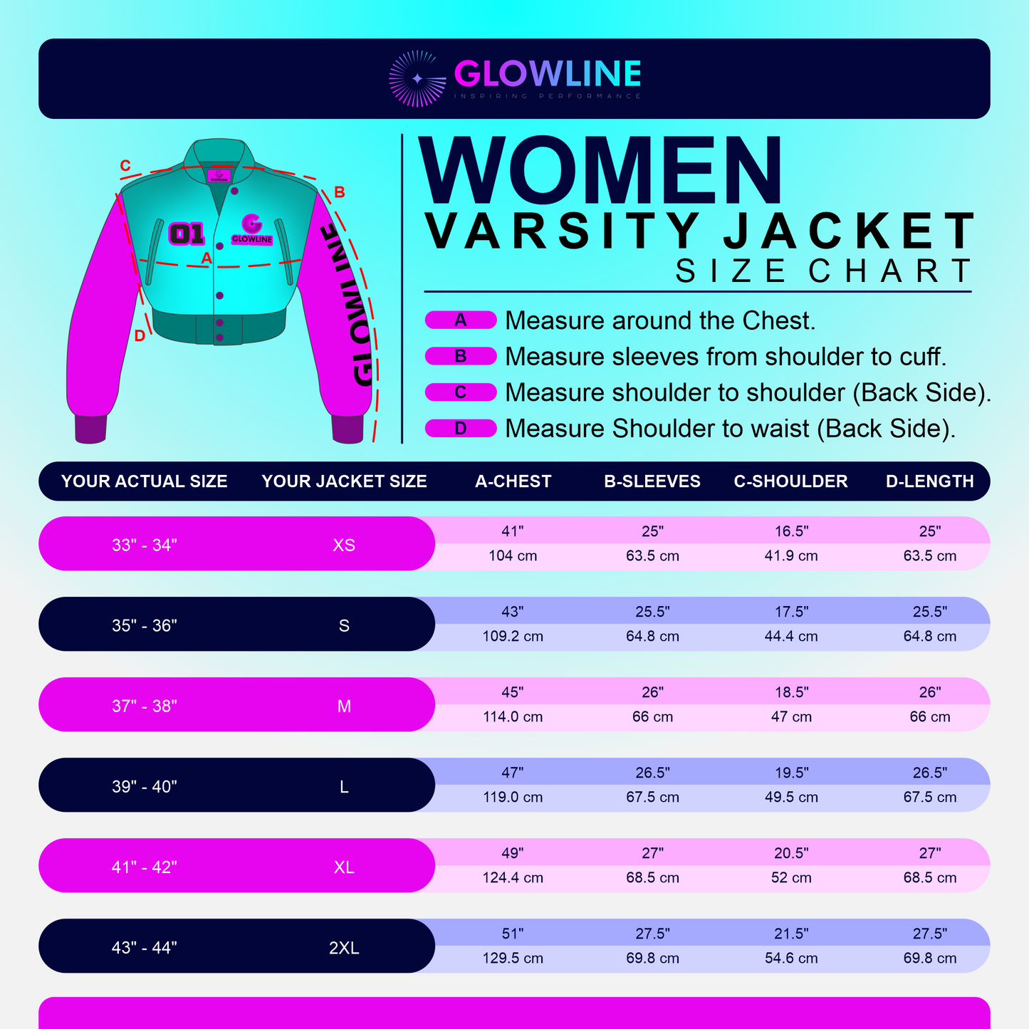 Women Varsity Jacket - Size Chart