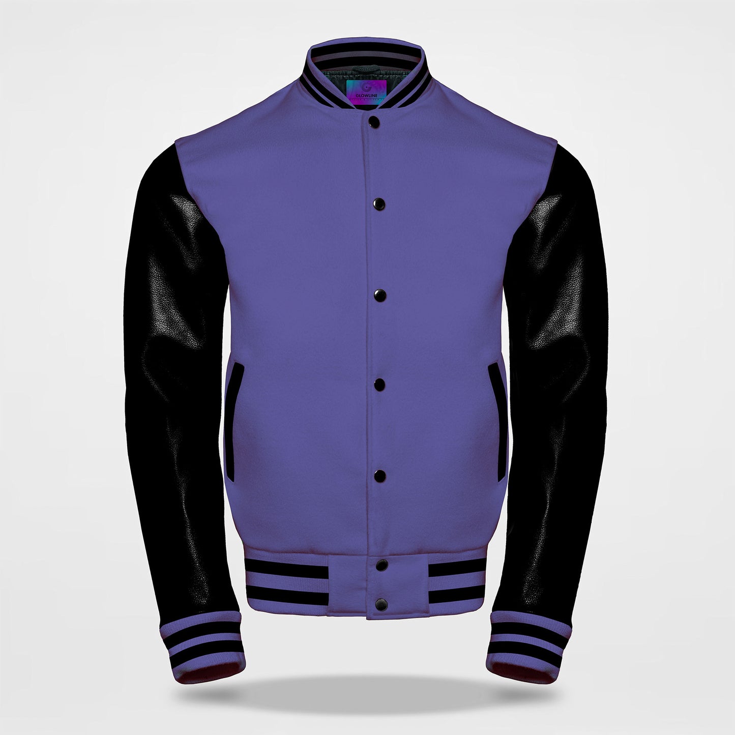 black and purple letterman jacket front side