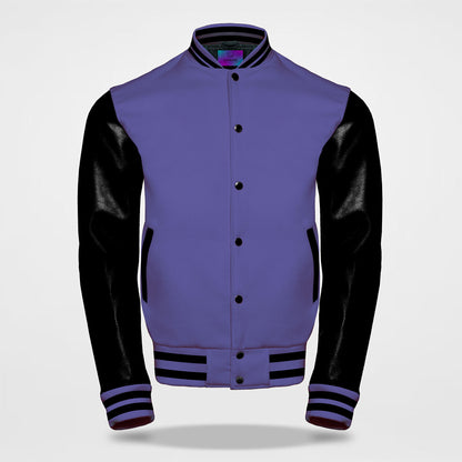 black and purple letterman jacket front side