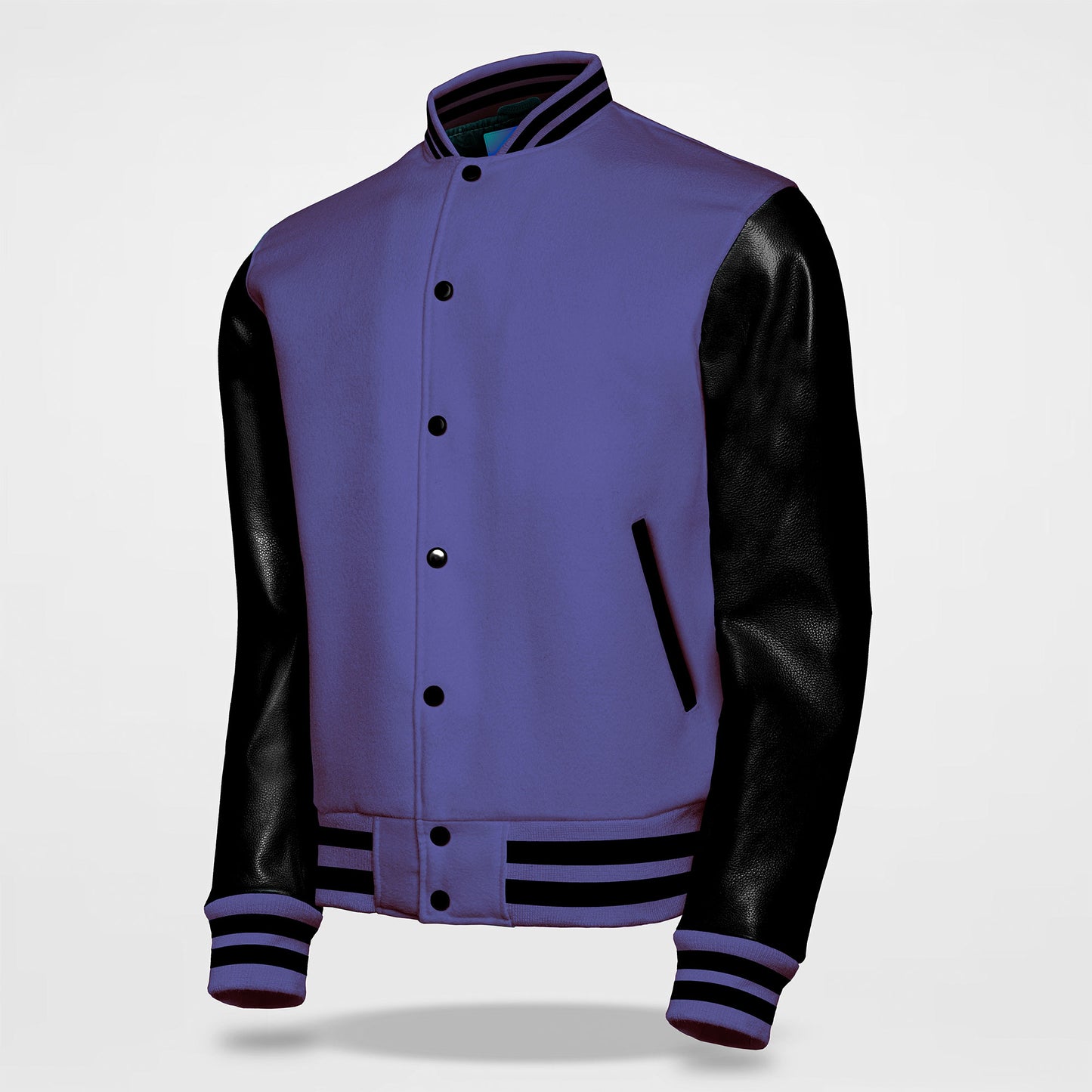 black and purple letterman jacket side pose