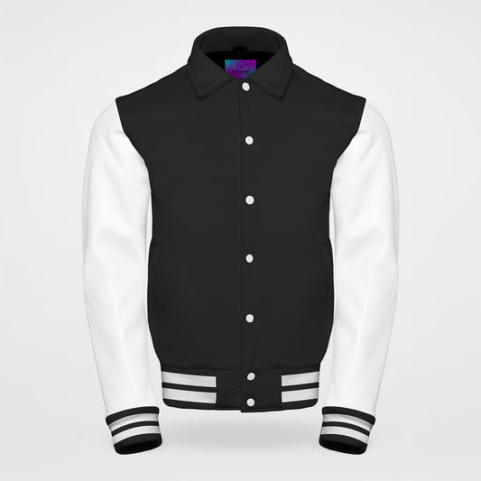 black varsity jacket collared with white sleeves front side