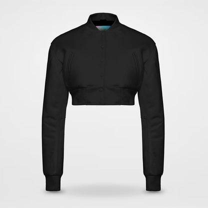 Black Cropped Varsity Jacket With Leather sleeves