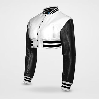 blank varsity jacket cropped women side pose