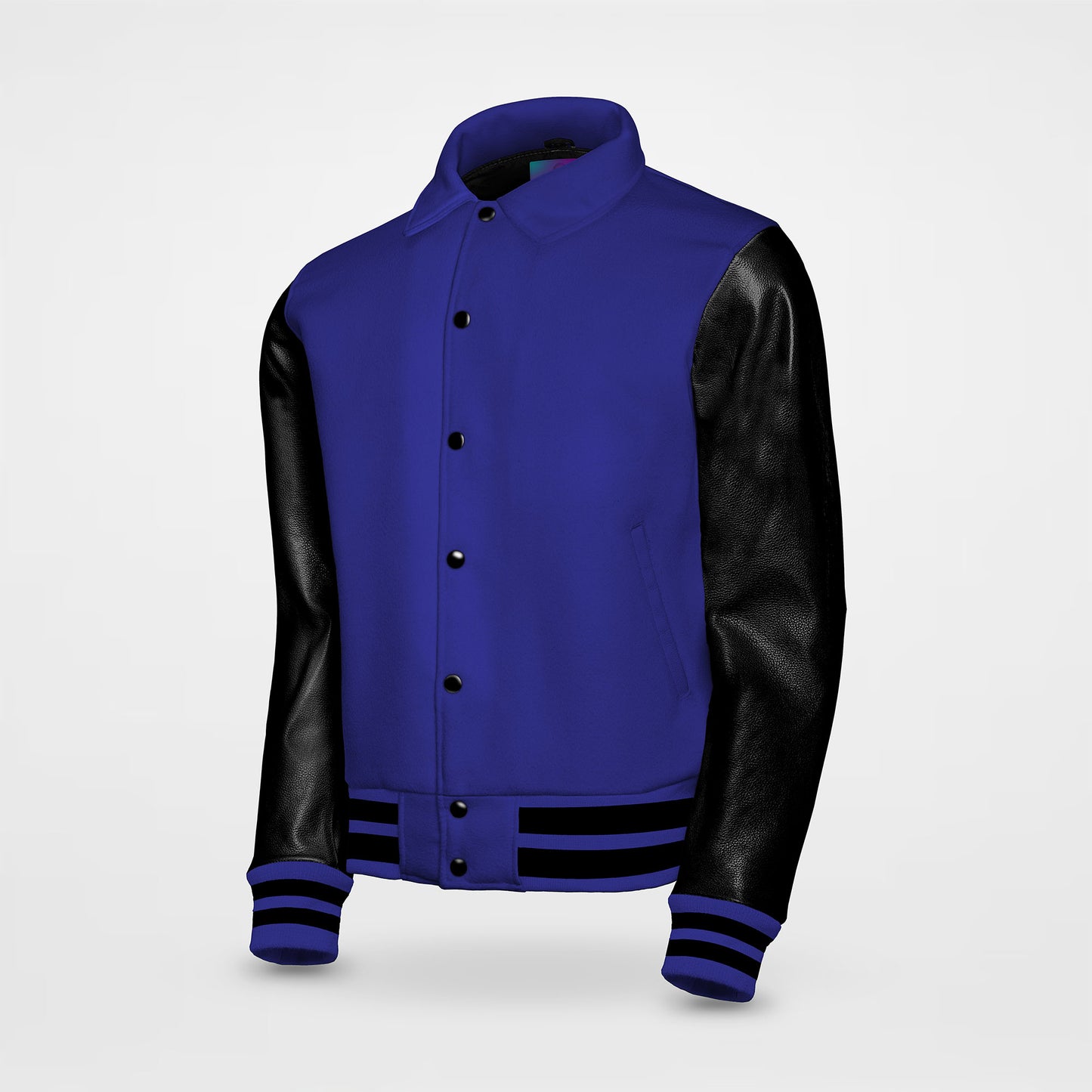 blue and black letterman jackets collared side pose