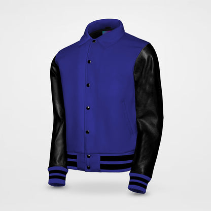 blue and black letterman jackets collared side pose