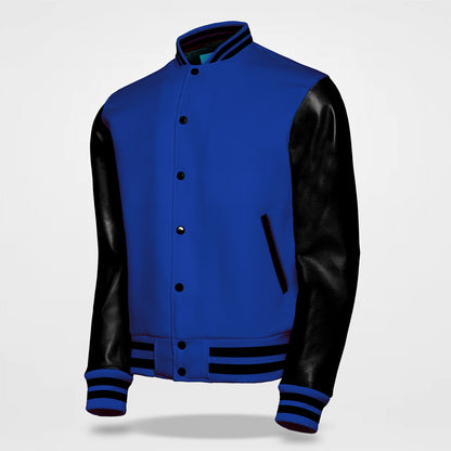 blue and black letterman jackets side pose