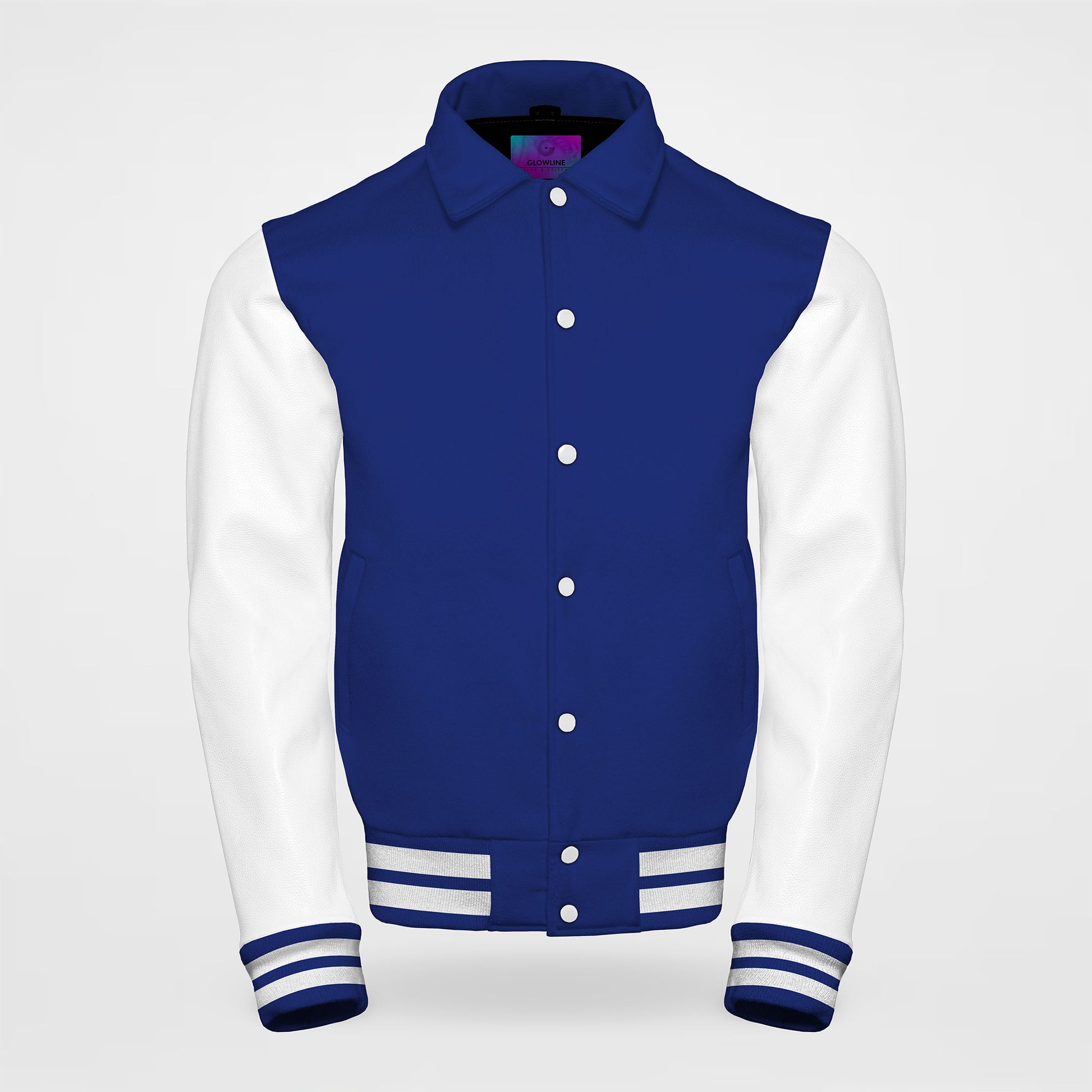 blue and white letterman jackets collared front side