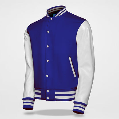 blue and white letterman jackets side pose