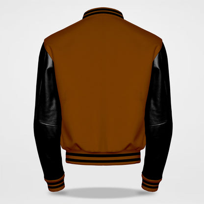 brown letterman jacket black arm back side