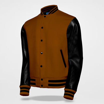 brown letterman jacket black arm side pose