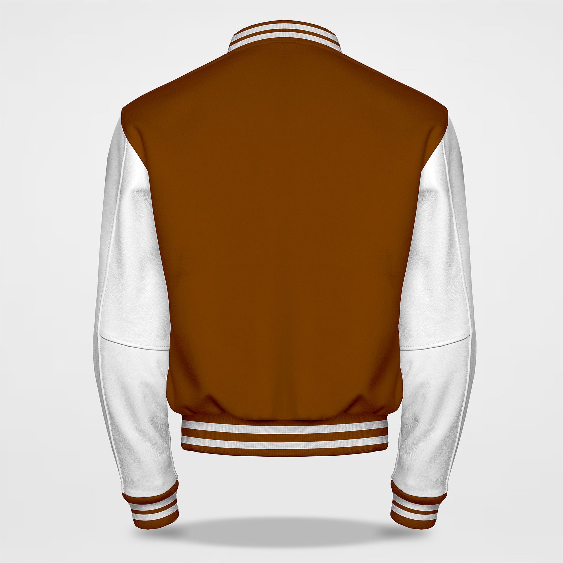 brown letterman jacket white arm back side