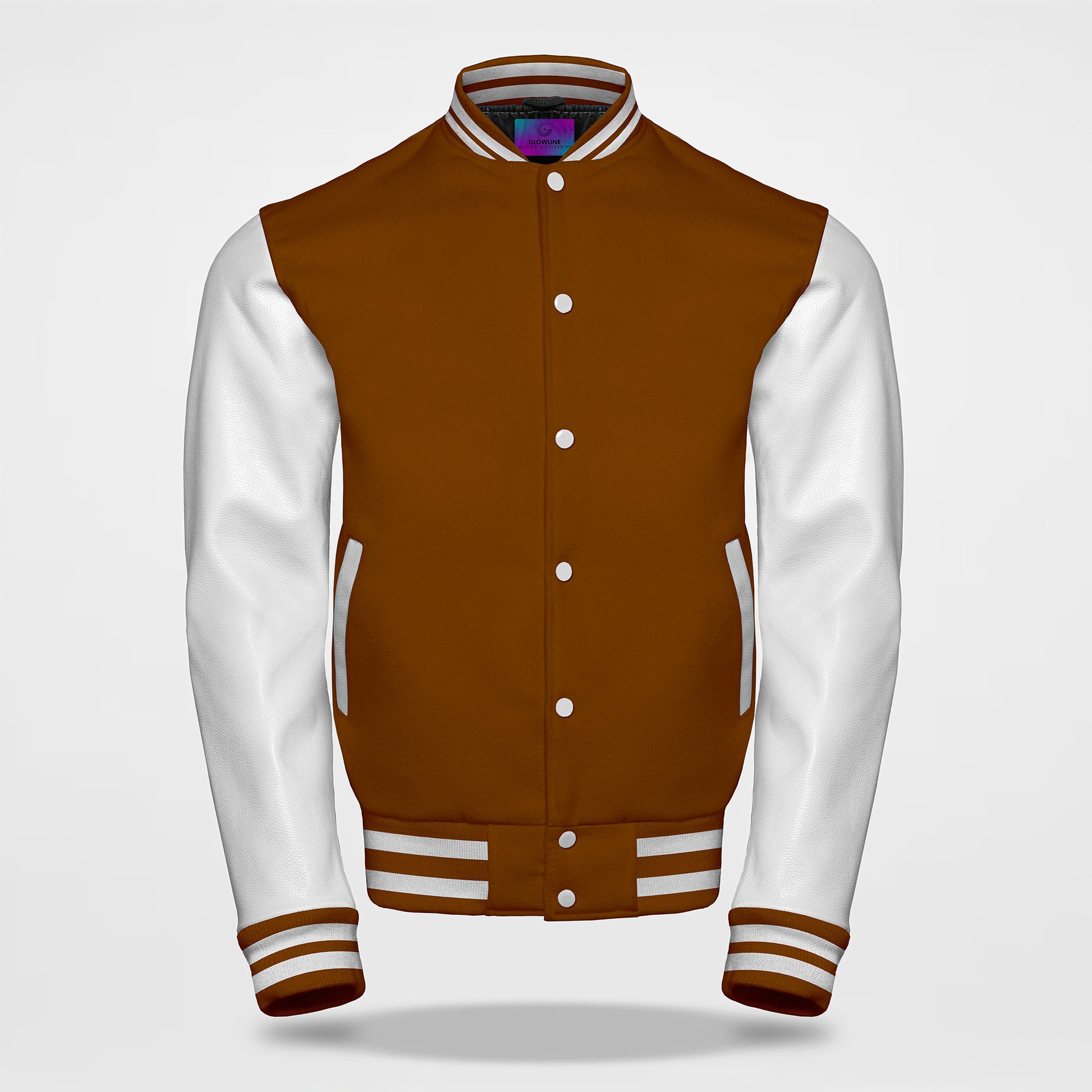 brown letterman jacket white arm front side