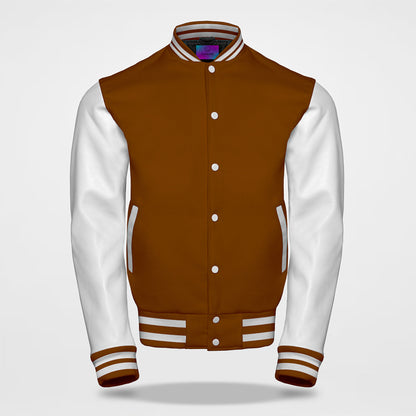 brown letterman jacket white arm front side