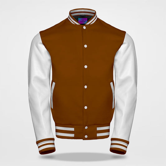 brown letterman jacket white arm front side