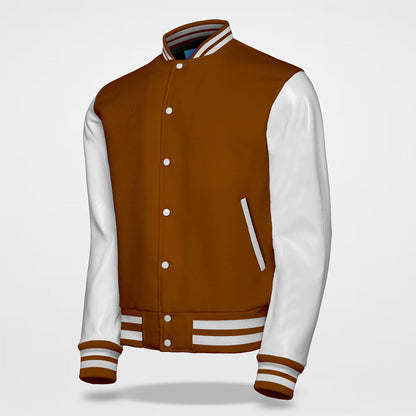 brown letterman jacket white arm side pose