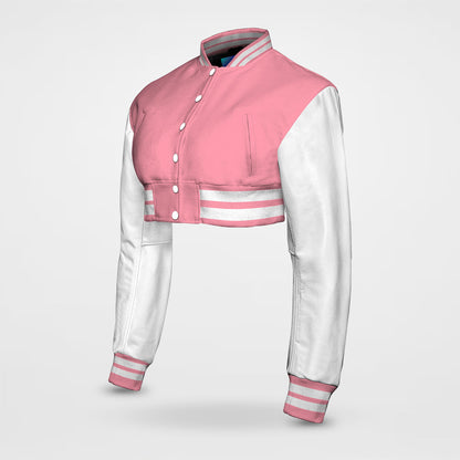 cropped pink varsity jacket side pose