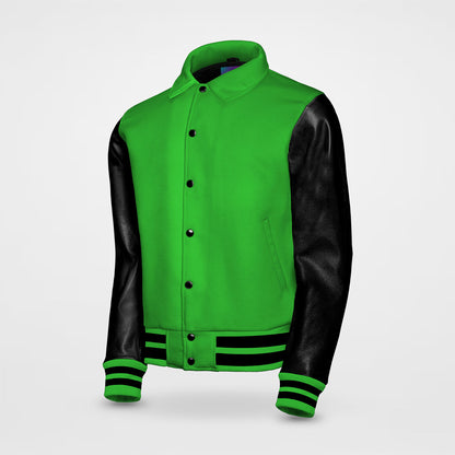 eagles kelly green letterman jacket collared with black sleeves side pose