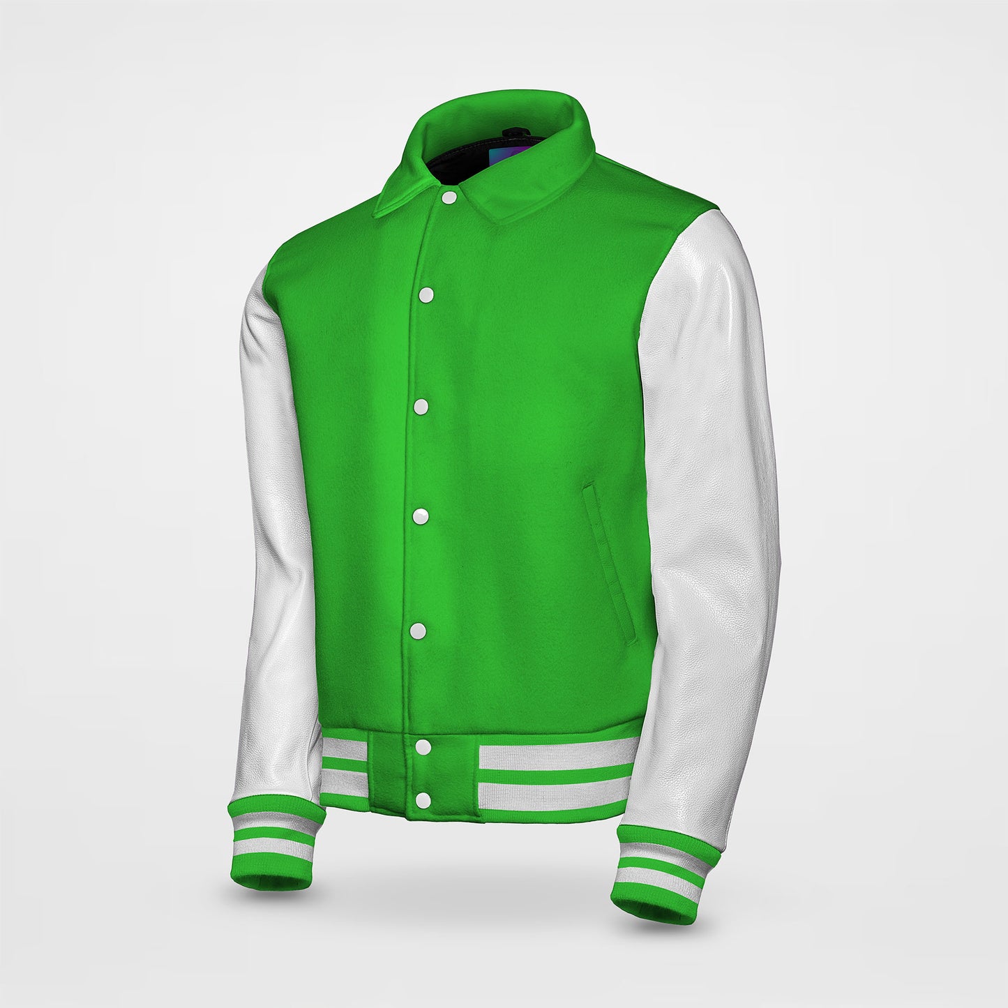eagles Kelly green letterman jacket collared with white sleeves side pose