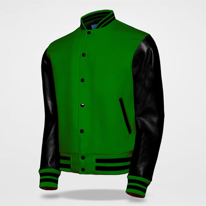 green black varsity jacket side pose