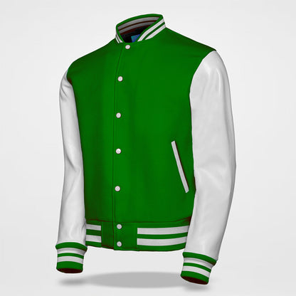 green white varsity jacket side pose