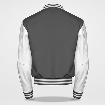 grey and white letterman jacket back side