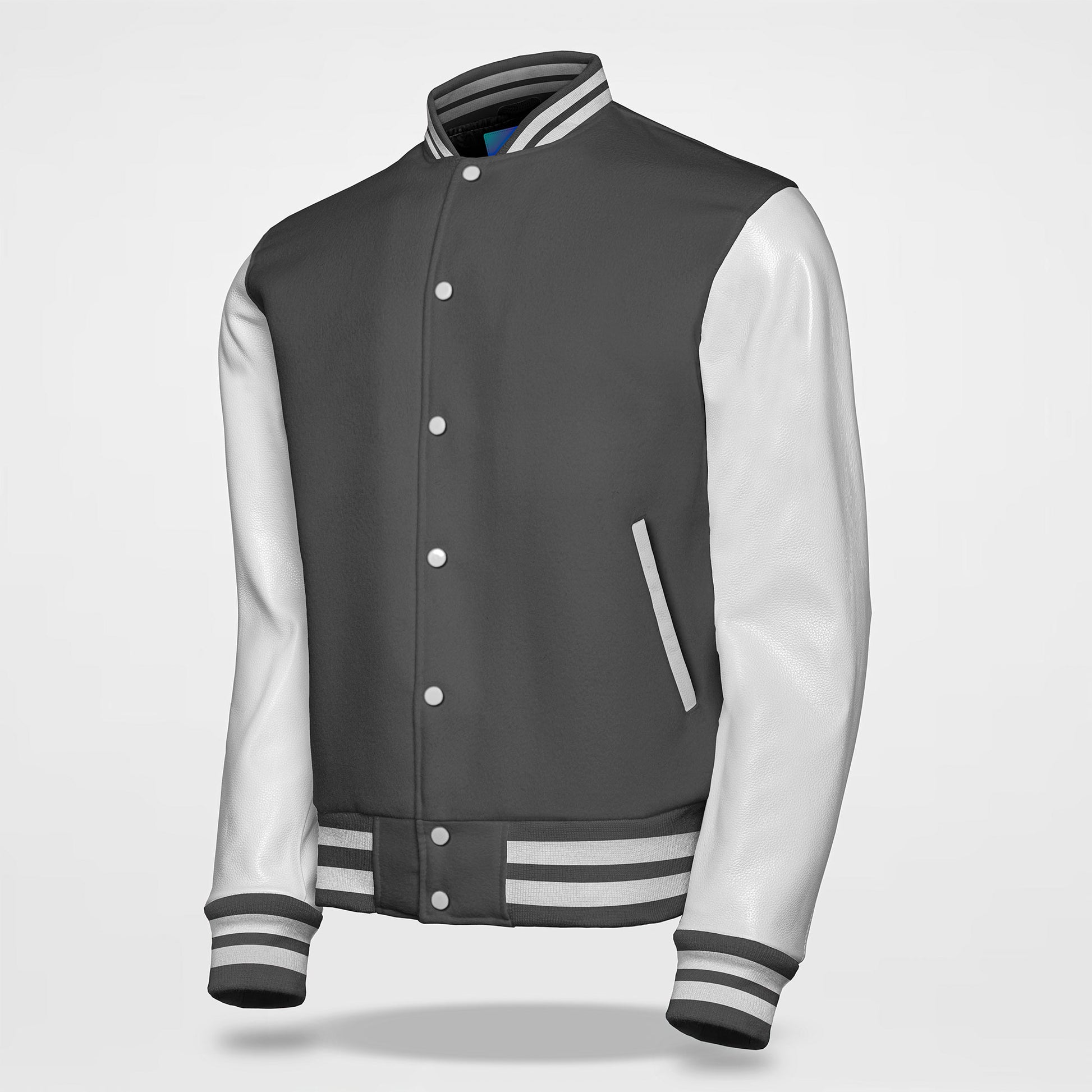 grey and white letterman jacket side pose