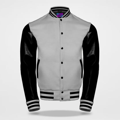 grey black varsity letterman jacket front side