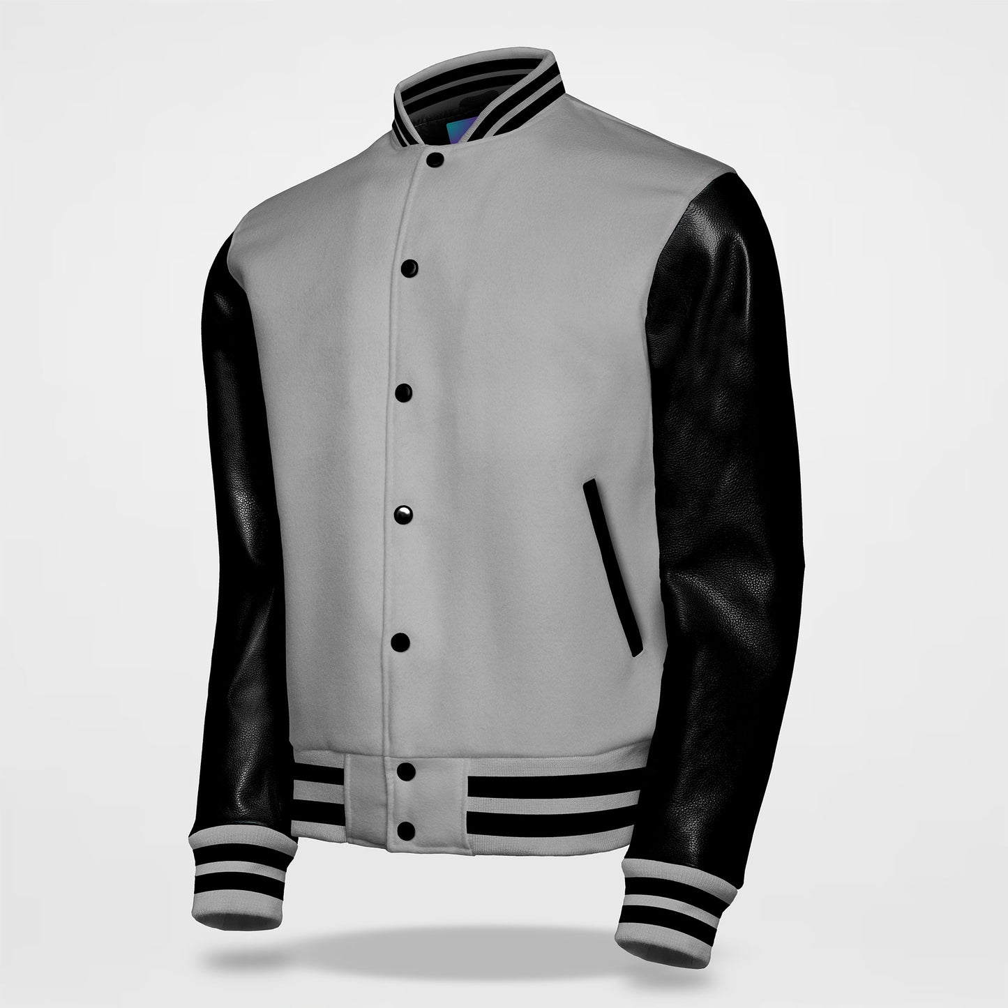 grey black varsity letterman jacket side pose