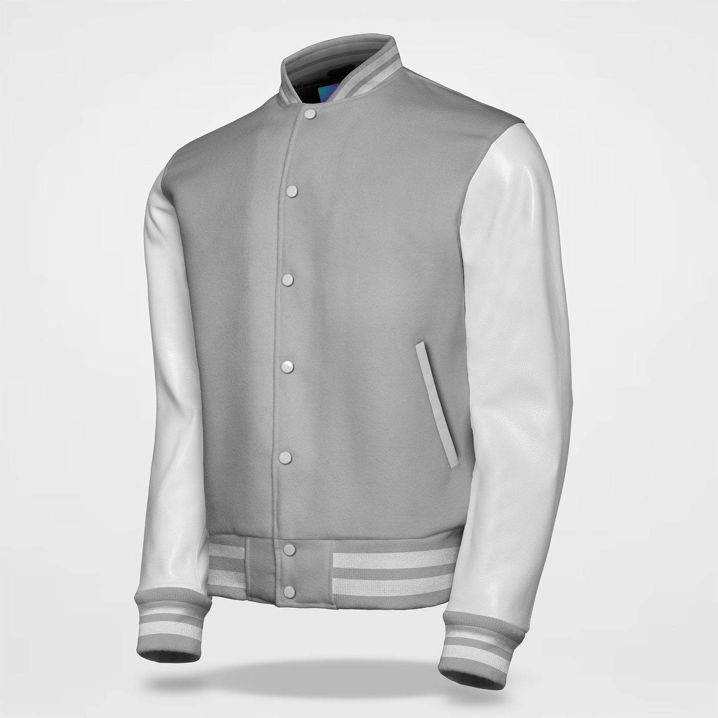 grey white varsity letterman jacket side pose