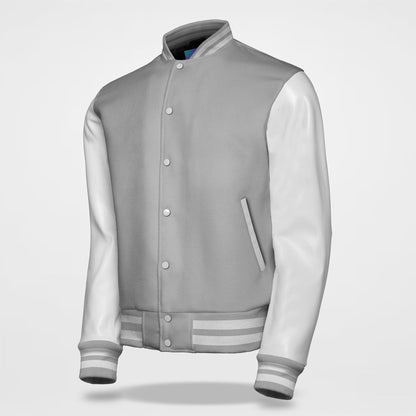 grey white varsity letterman jacket side pose