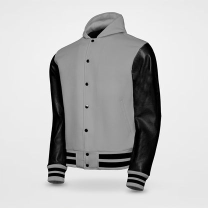 Hooded Baseball Jacket Grey Body And Leather Sleeves