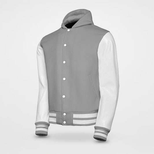 Hooded Baseball Jacket Grey Body And Leather Sleeves