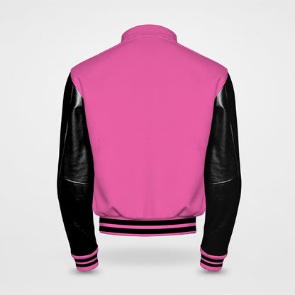 hot pink letterman jacket collared with black sleeves back side