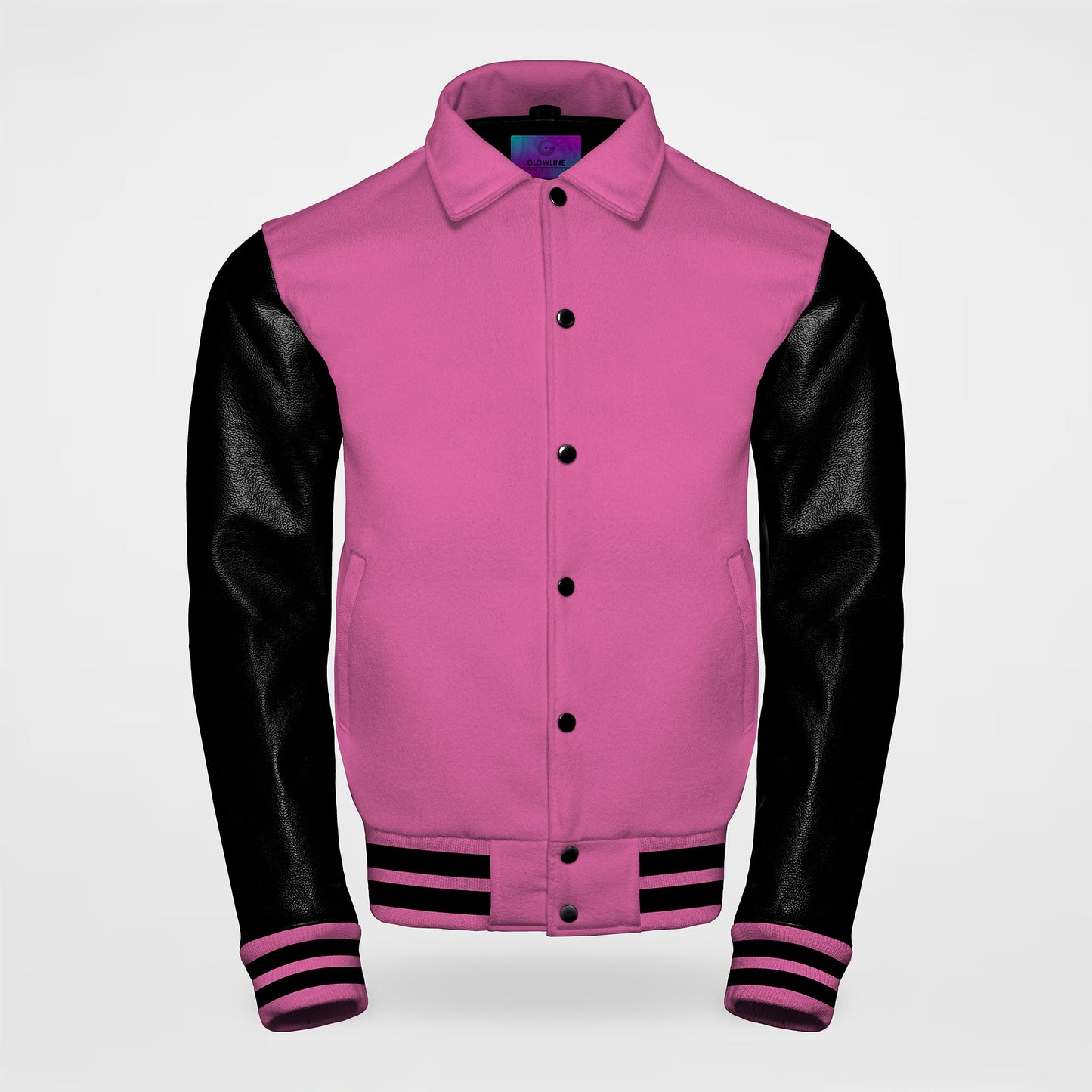 hot pink letterman jacket collared with black sleeves front side
