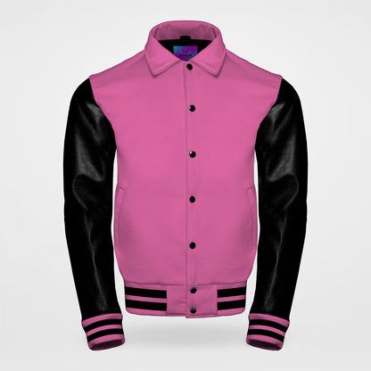 hot pink letterman jacket collared with black sleeves front side