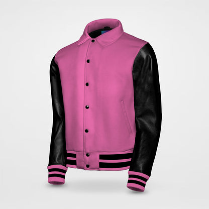 hot pink letterman jacket collared with black sleeves side pose