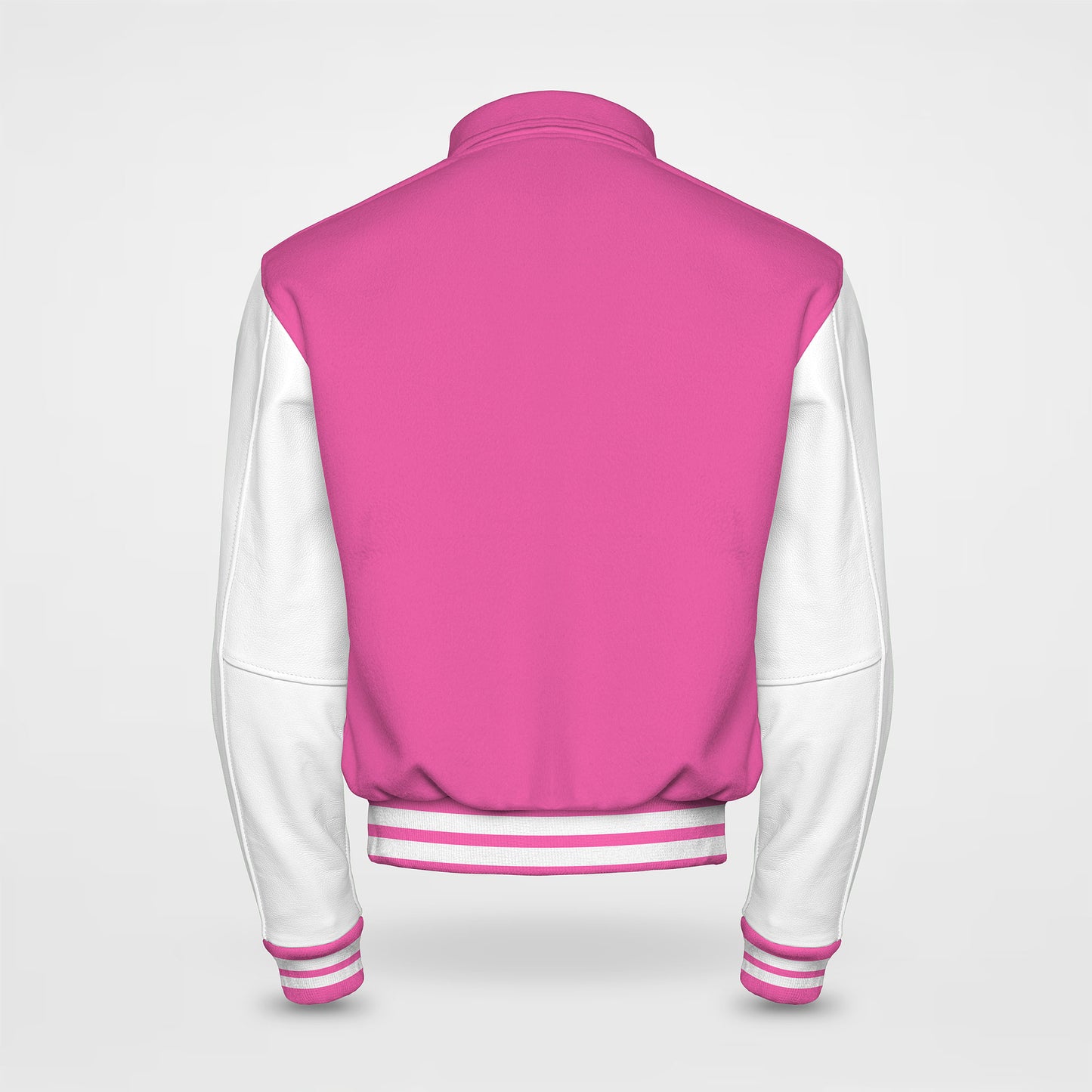 hot pink letterman jacket collared with white sleeves back side
