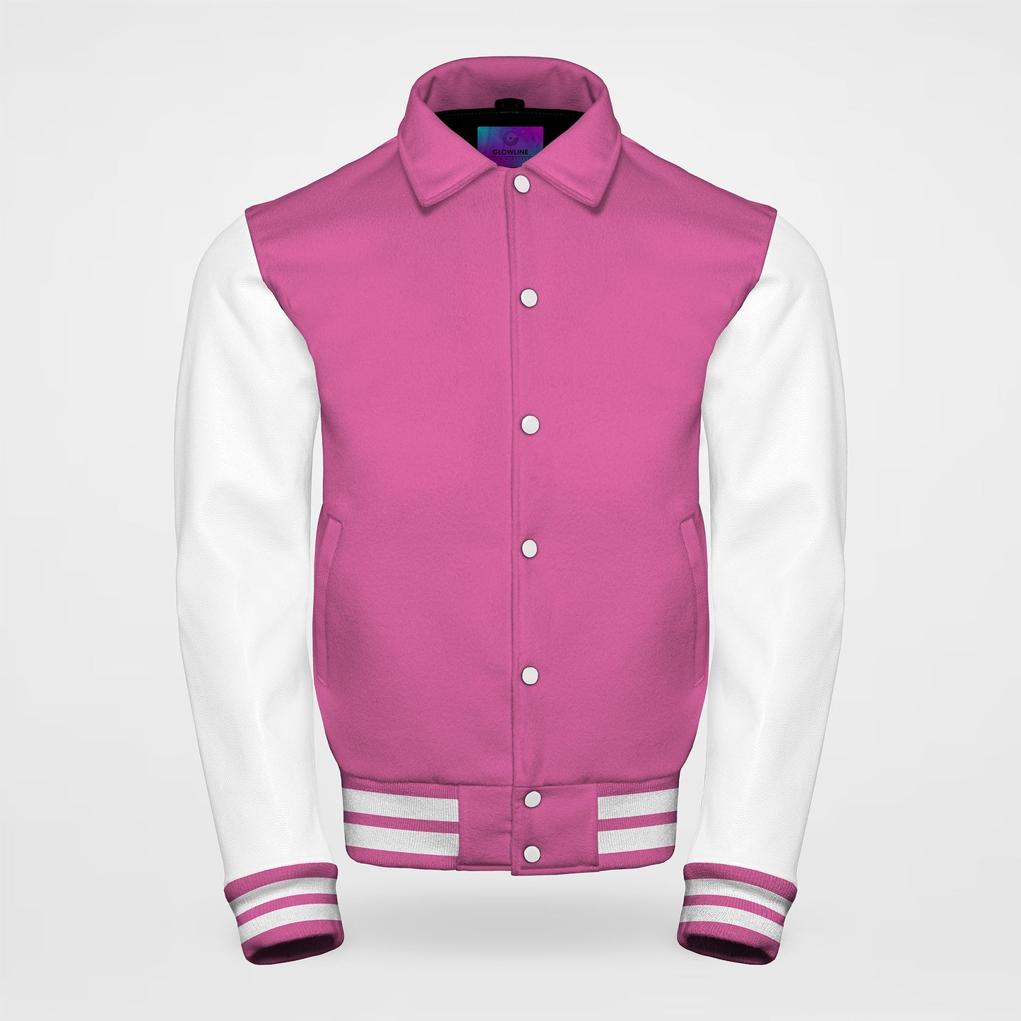 hot pink letterman jacket collared with white sleeves front side
