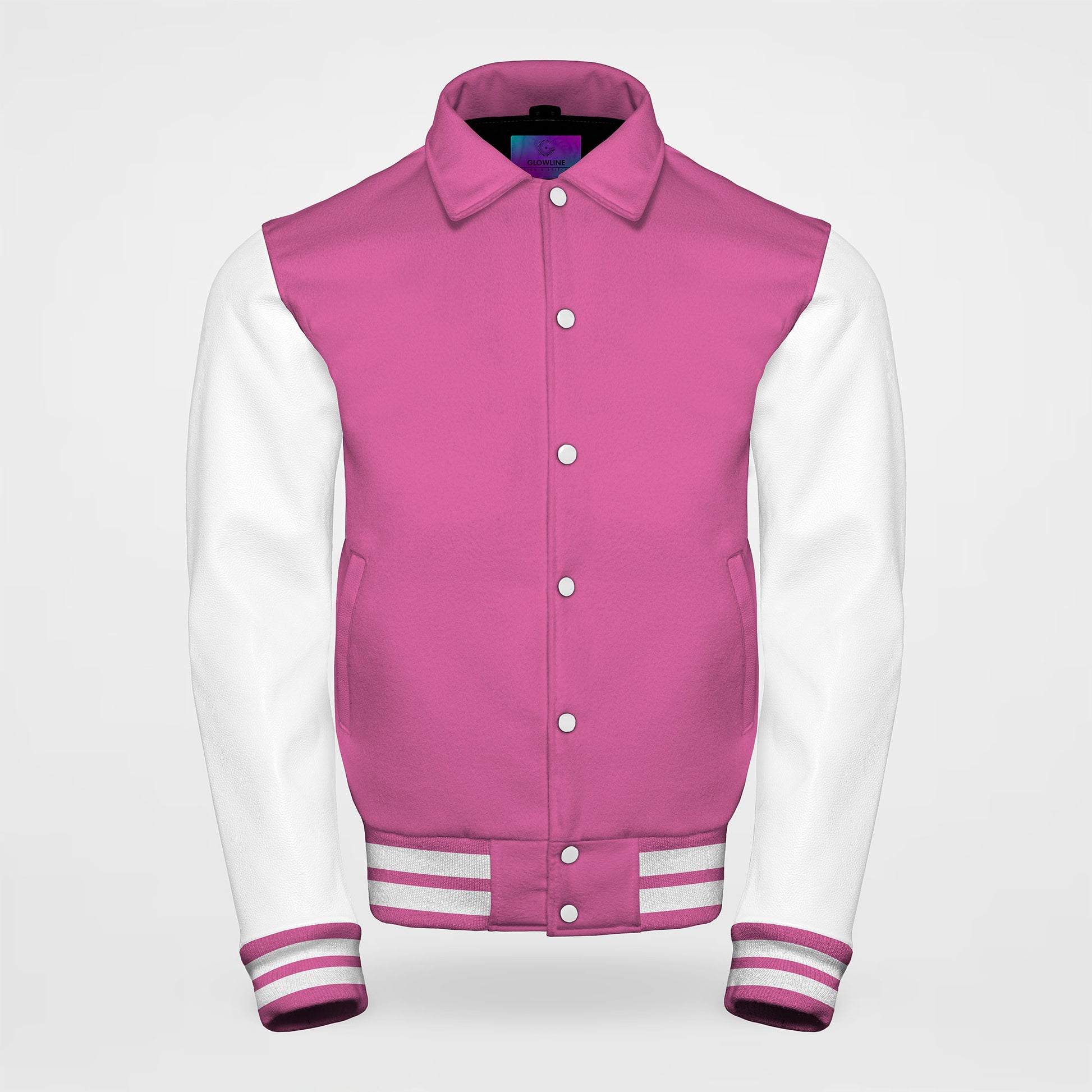 hot pink letterman jacket collared with white sleeves front side