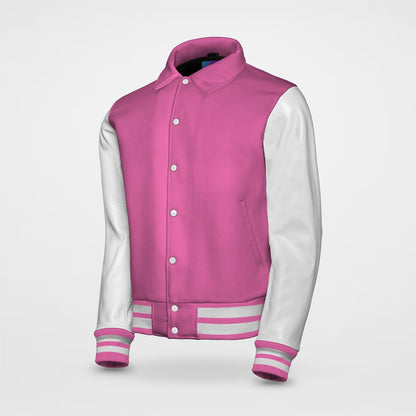 hot pink letterman jacket collared with white sleeves side pose