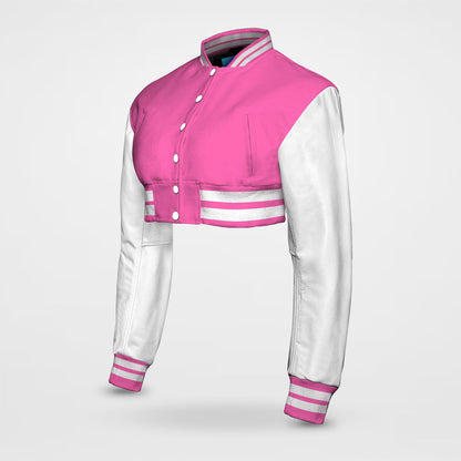 hot pink letterman jacket cropped side pose