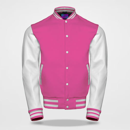 hot pink letterman jacket front side white sleeves