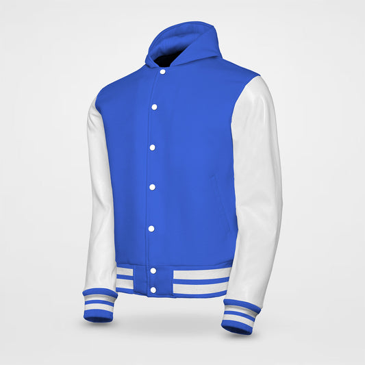 Letterman Jacket Royal Blue Hooded With Leather Arms