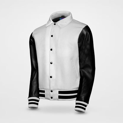 letterman jacket sailor collar white body and black sleeves side pose