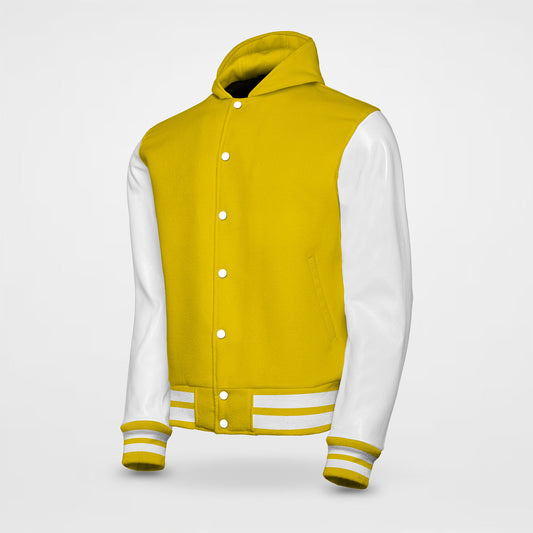 Letterman Jacket With Hood Golden Wool Body And Leather Sleeves