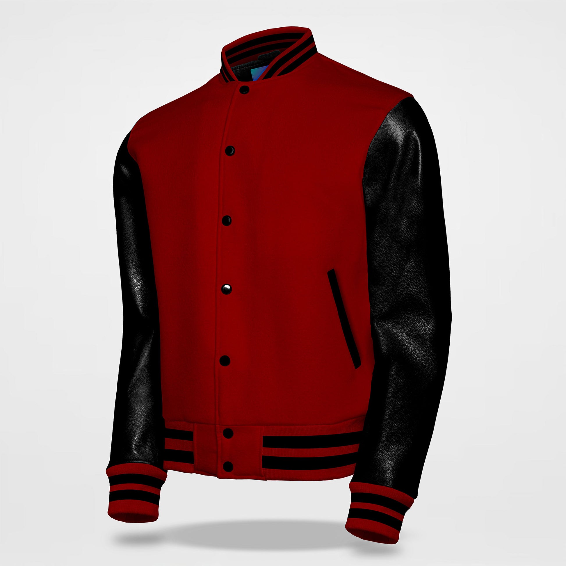 maroon black varsity jacket side pose