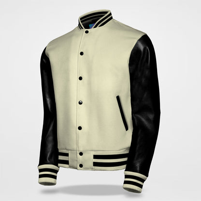 plain varsity jacket cream black side pose